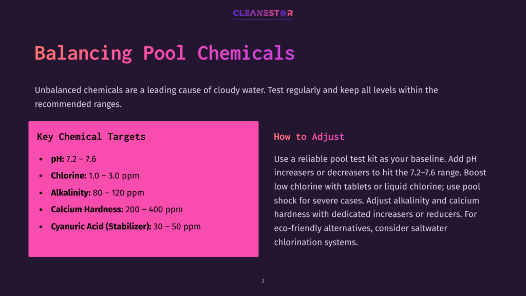 Slide Titled &Quot;Balancing Pool Chemicals&Quot; With Key Chemical Targets: Ph 7.2-7.6, Chlorine 1.0-3.0 Ppm, Alkalinity 80-120 Ppm, Calcium Hardness 200-400 Ppm, And Cyanuric Acid (Stabilizer) 30-50 Ppm. Below, &Quot;How To Adjust&Quot; Explains Using A Pool Test Kit To Balance Chemicals.