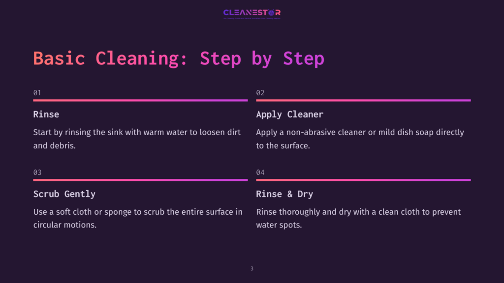 Cleanestor Basic Cleaning Steps: Rinse Sink, Apply Cleaner, Scrub Gently, And Rinse &Amp; Dry. Dark Background With Colorful Gradient Overlays.