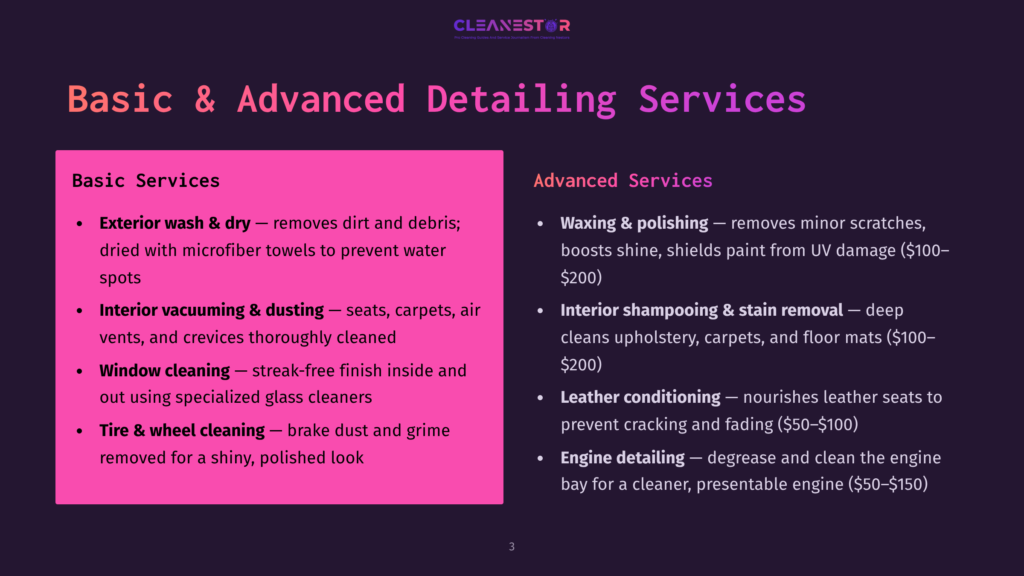 Cleanestor Detailing Services Menu, Showing Basic And Advanced Services Like Exterior Wash &Amp; Dry, Interior Vacuuming &Amp; Dusting, Window Cleaning, Tire &Amp; Wheel Cleaning, Waxing &Amp; Polishing, Interior Shampooing &Amp; Stain Removal, Leather Conditioning, And Engine Detailing.