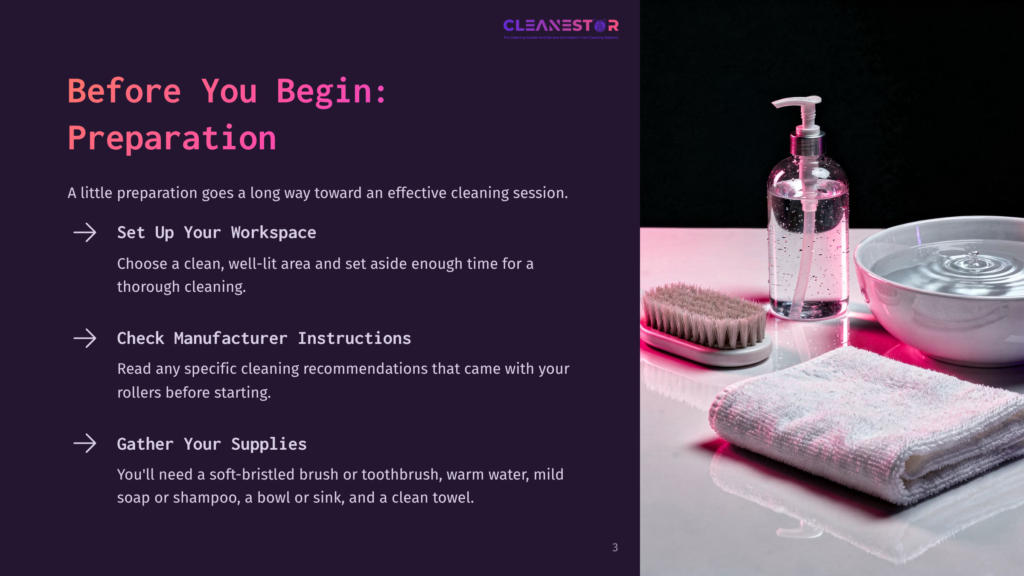 3 Before You Begin Preparation A Clean Workspace For Effective Cleaning Sessions, Featuring A Hand Soap Dispenser, A Soft-Bristled Brush, A White Towel, And A Bowl Of Water On A Marble Surface, With Text Overlay &Quot;Before You Begin: Preparation&Quot;.