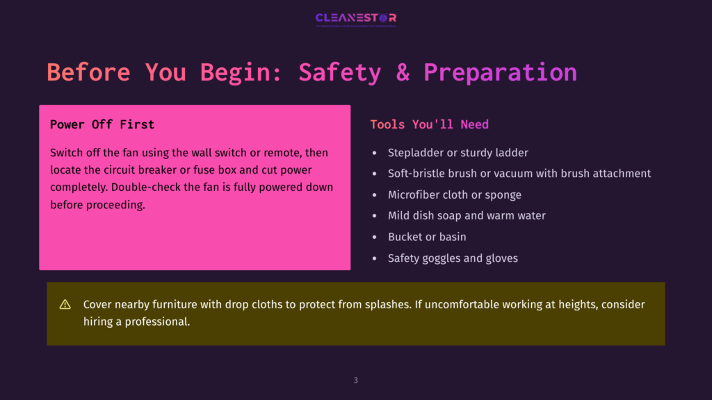 A Slide From A Presentation Titled &Quot;Before You Begin: Safety &Amp; Preparation&Quot; For A Cleaning Service, Detailing Power Off Procedures And Tools Needed, Including A Stepladder, Microfiber Cloth, And Safety Goggles.