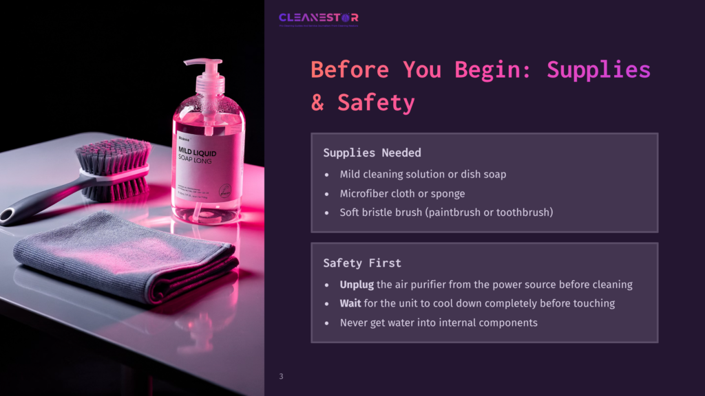 A Dark Background With An Image Of Cleaning Supplies For Air Purifier Maintenance, Including A Bottle Of Mild Liquid Soap, A Microfiber Cloth, A Soft Bristle Brush, And A Gray Cloth, With Text Overlay Providing Safety Tips.