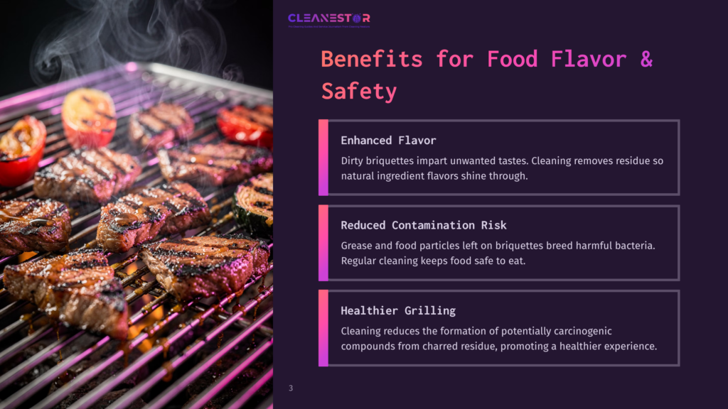 Juicy Steaks And Grilled Vegetables Sizzle On A Barbecue Grill, With Smoke Rising. Text Overlay: &Quot;Benefits For Food Flavor &Amp; Safety,&Quot; &Quot;Enhanced Flavor,&Quot; &Quot;Reduced Contamination Risk,&Quot; And &Quot;Healthier Grilling.