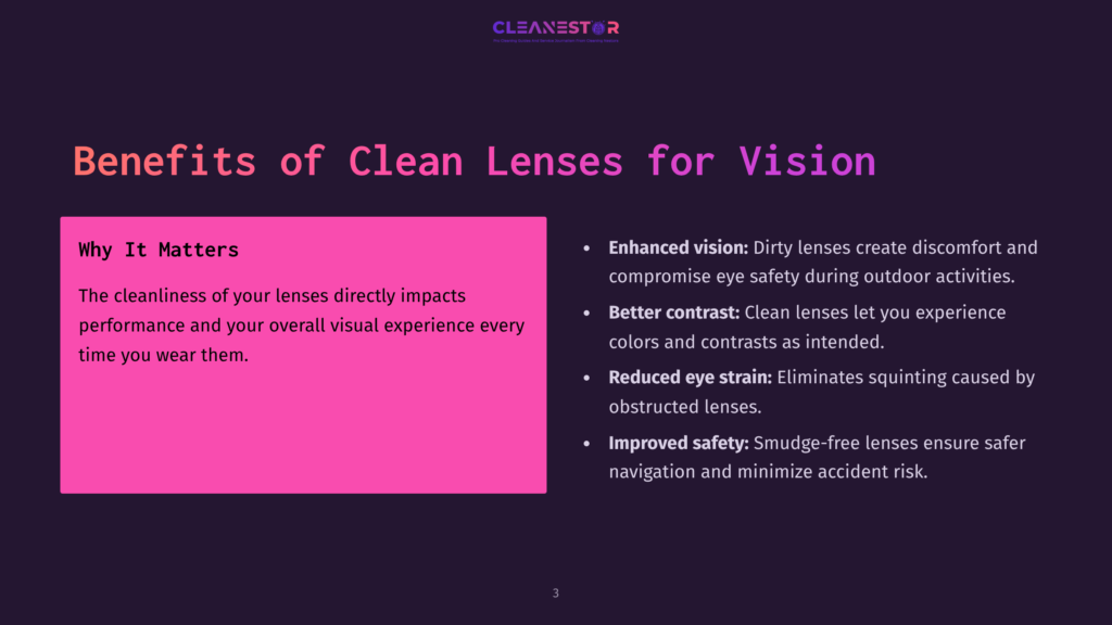 Presentation Slide Titled &Quot;Benefits Of Clean Lenses For Vision,&Quot; Highlighting Enhanced Vision, Better Contrast, Reduced Eye Strain, And Improved Safety Due To Clean Lenses.