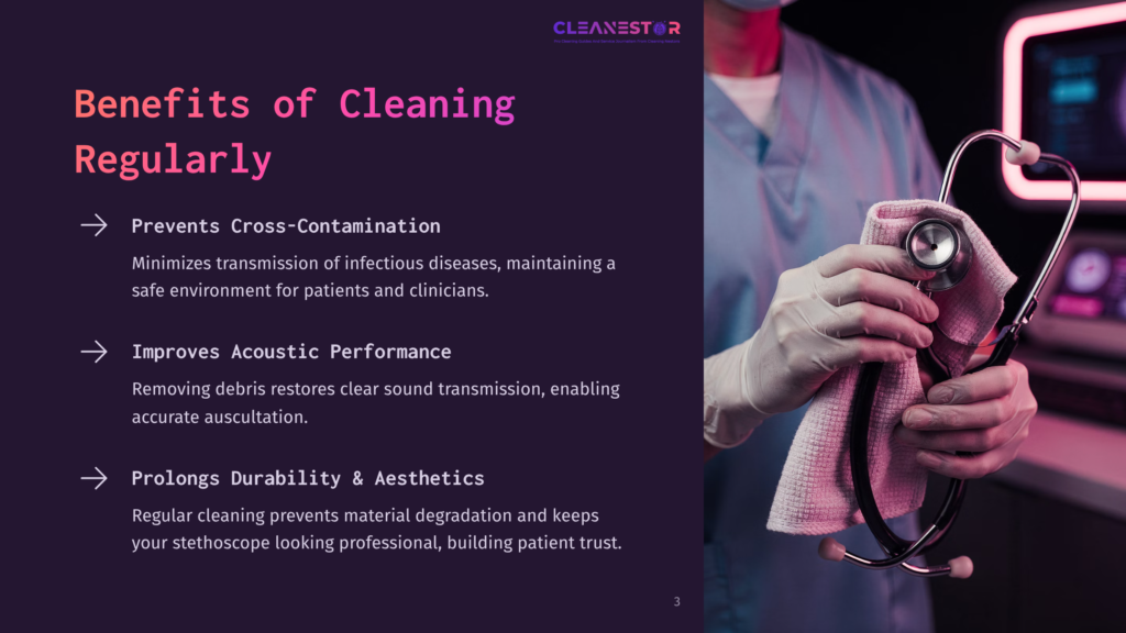 Healthcare Professional Cleaning A Stethoscope With A White Cloth, Emphasizing Benefits Of Regular Cleaning For Infection Prevention, Acoustic Performance, And Durability.