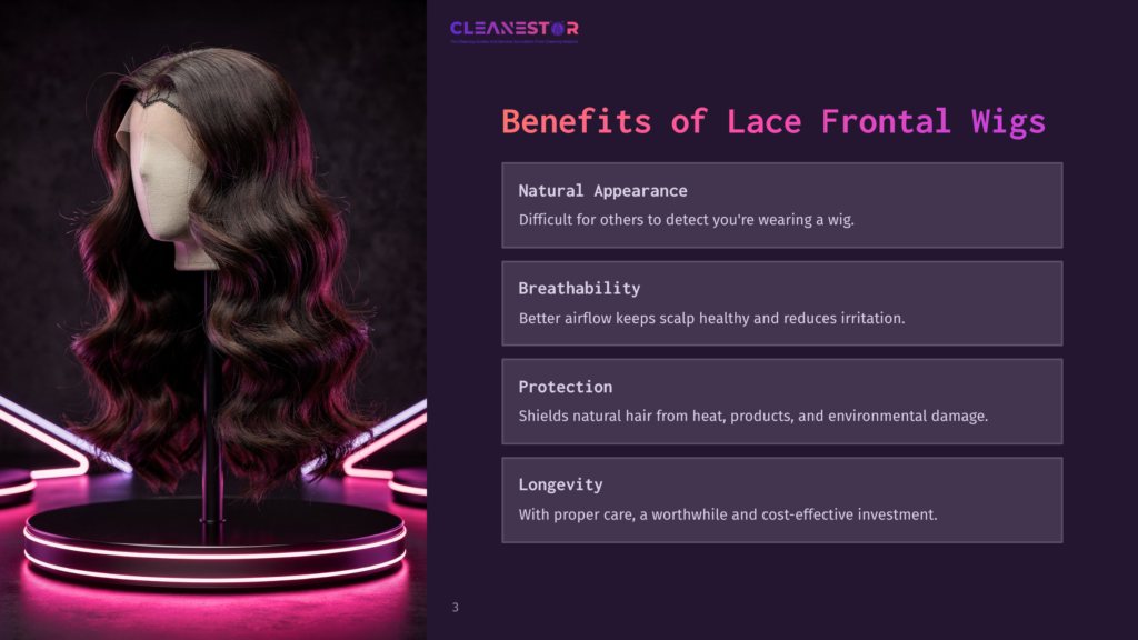A Dark Brown Lace Frontal Wig Is Styled On A Mannequin Head, Showcasing Its Natural Appearance, Breathability, Protection, And Longevity, With Text Listing These Benefits.