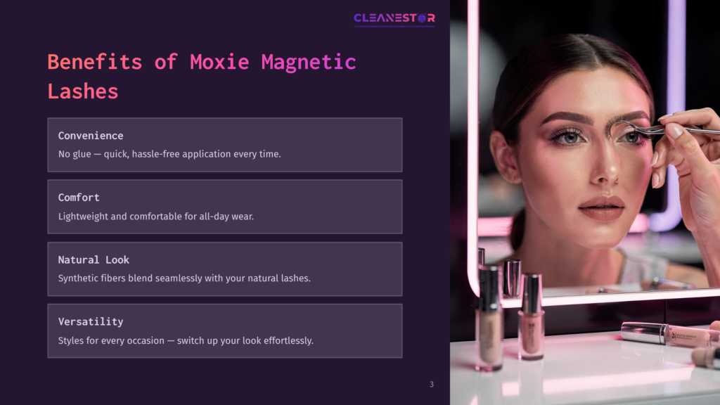 A Woman With Flawless Makeup Applies Magnetic Lashes With Tweezers, Looking In A Mirror Reflecting Makeup Products. The Image Highlights The Benefits Of Moxie Magnetic Lashes: Convenience, Comfort, Natural Look, And Versatility.