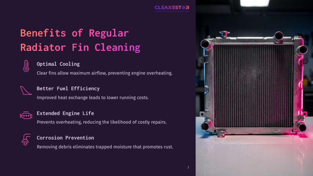A Radiator With A Dark Metal Grille And Copper-Colored Pipes Is Illuminated By Pink And Blue Neon Lights, With The Text &Quot;Cleanestor&Quot; And &Quot;Benefits Of Regular Radiator Fin Cleaning&Quot; Visible On A Dark Background.
