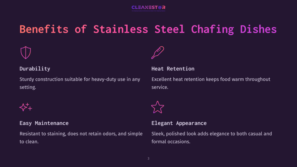 Dark Purple Background With Text Listing Benefits Of Stainless Steel Chafing Dishes: Durability, Heat Retention, Easy Maintenance, And Elegant Appearance. Icons Represent Each Benefit.