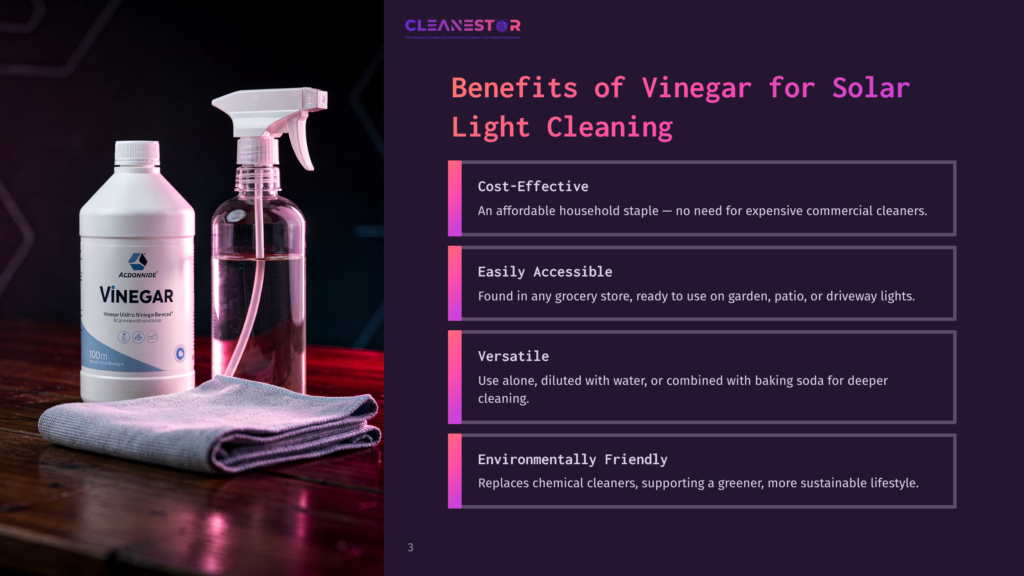 3 Benefits Of Vinegar For Solar Light Cleaning A Bottle Of White Vinegar, A Spray Bottle Filled With Clear Liquid, And A Gray Microfiber Cloth Rest On A Dark Wooden Surface, With The Text &Quot;Cleanestor&Quot; And &Quot;Benefits Of Vinegar For Solar Light Cleaning&Quot; Visible.