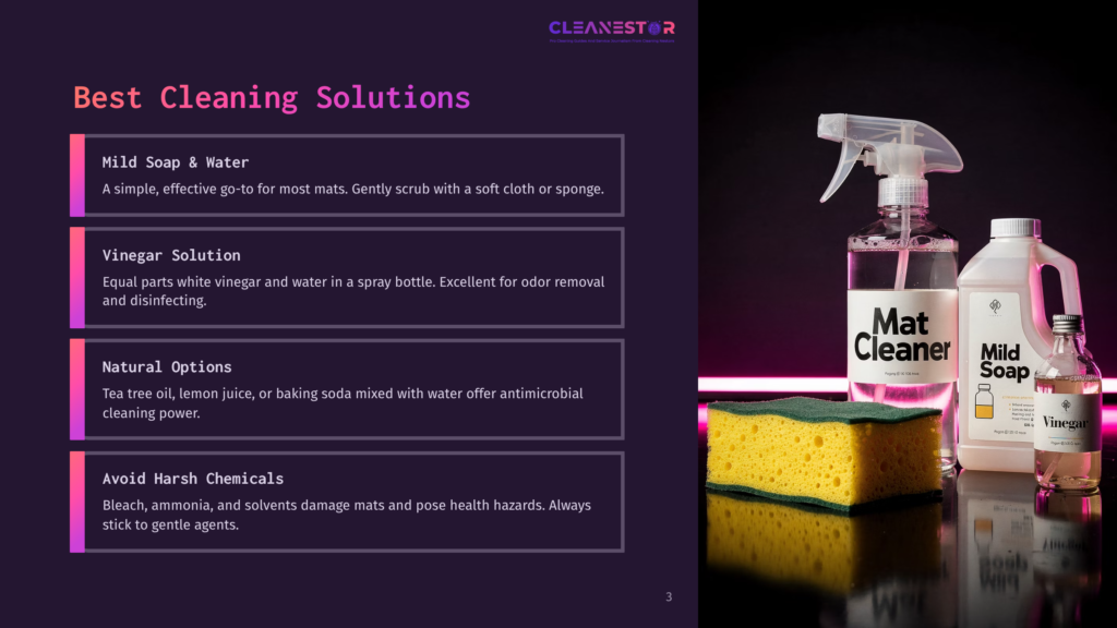 3 Best Cleaning Solutions Cleaning Solutions On A Dark Background: Bottles Of &Quot;Mat Cleaner&Quot; And &Quot;Mild Soap,&Quot; A Yellow Sponge, And A Small Bottle Of Vinegar. Text Overlays Describe Cleaning Tips For Mats.