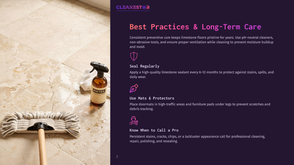 3 Best Practices And Long Term Care A Cleaning Spray Bottle Labeled &Quot;Pietra&Quot; Sits On A Tiled Floor Next To A Mop And A White Cloth, Ready For Limestone Floor Cleaning And Maintenance.