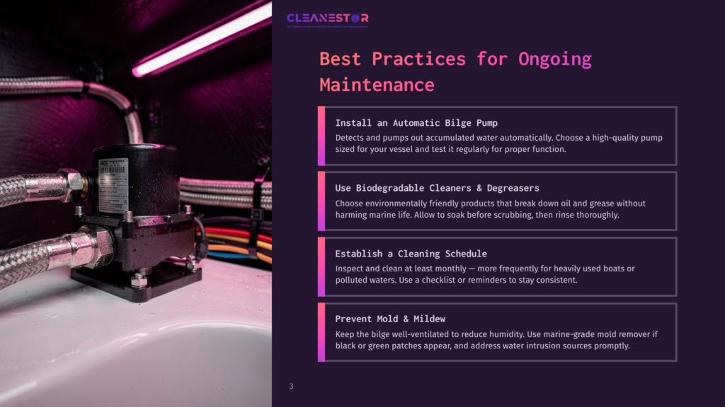 3 Best Practices For Ongoing Maintenance Close-Up Of A Black Automatic Bilge Pump With Silver Hoses Attached, Installed In A Boat'S Engine Compartment With Colorful Wiring Visible.