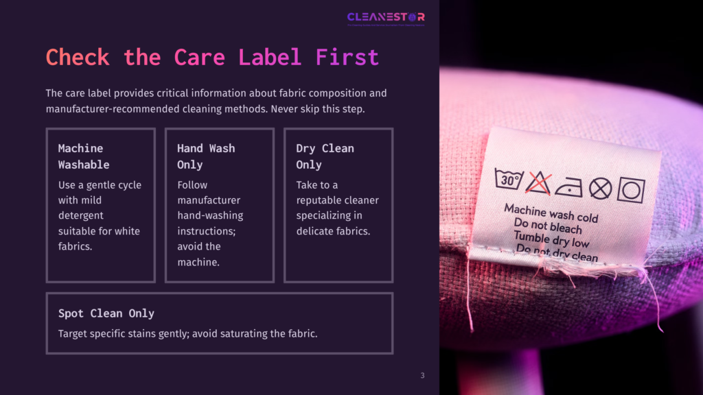 3 Check The Care Label First Close-Up Of A Clothing Care Label Showing Washing Instructions: Machine Wash Cold, Do Not Bleach, Tumble Dry Low, Do Not Dry Clean. A Pink Fabric Is Visible.