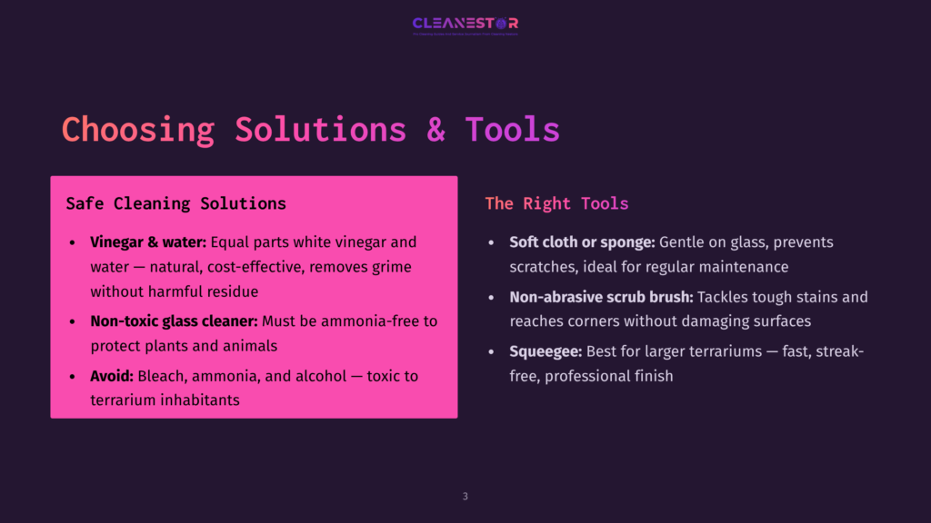 Slide Titled &Quot;Choosing Solutions &Amp; Tools&Quot; For Safe Cleaning, Listing Vinegar And Water, Non-Toxic Glass Cleaner, And Avoiding Bleach, Ammonia, And Alcohol. Right Tools Include Soft Cloth, Non-Abrasive Scrub Brush, And Squeegee.