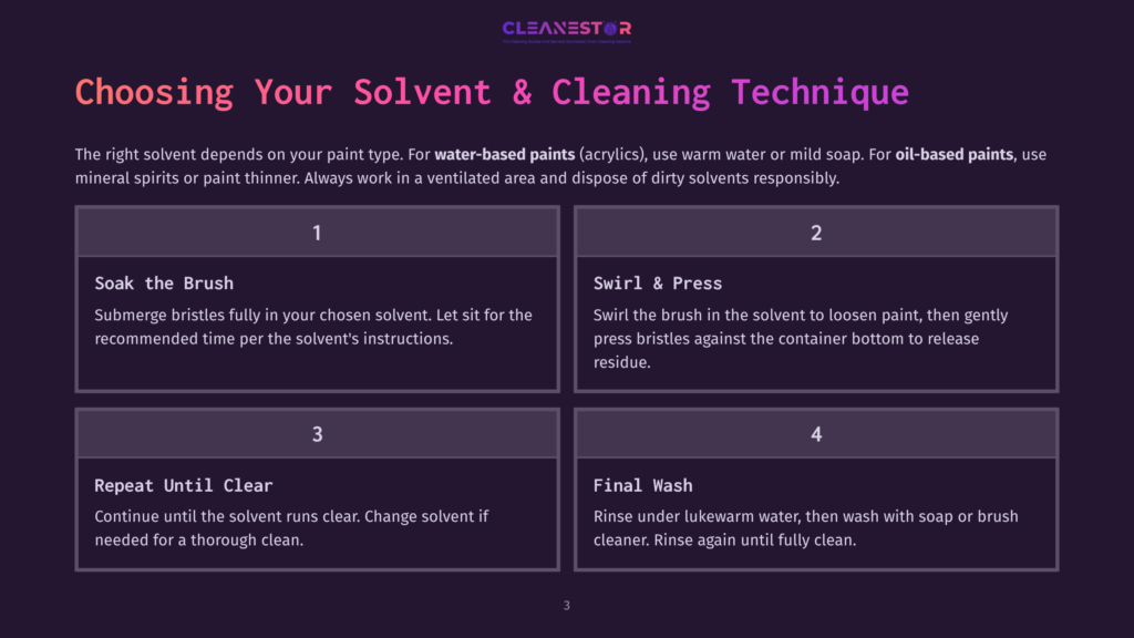 Infographic Titled &Quot;Choosing Your Solvent &Amp; Cleaning Technique&Quot; Detailing A 4-Step Process For Cleaning Paint Brushes: Soak The Brush, Swirl &Amp; Press, Repeat Until Clear, And Final Wash.