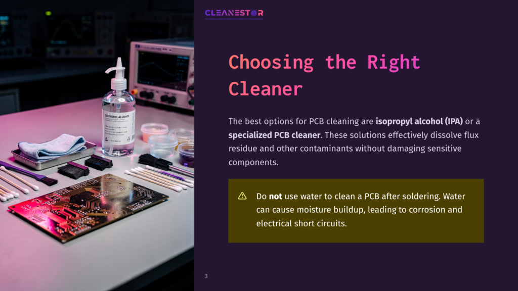 A Bottle Of Isopropyl Alcohol Sits On A Desk Next To A Circuit Board, Cotton Swabs, And Cleaning Cloths, Ready For Pcb Cleaning. The Text &Quot;Cleanestor&Quot; Is Visible At The Top.