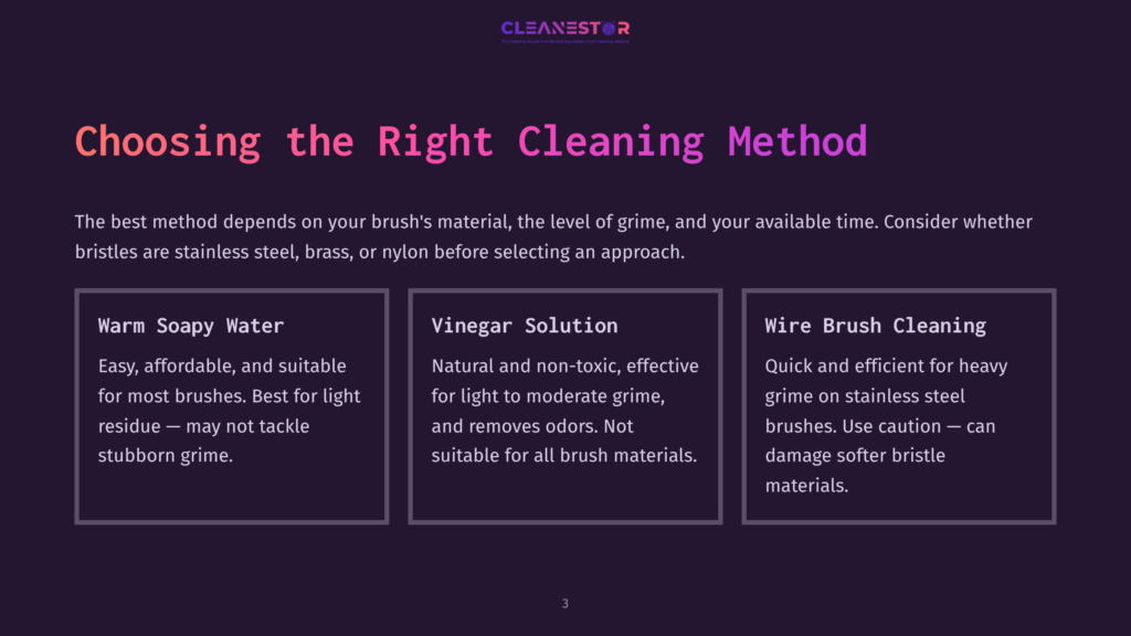 3 Choosing The Right Cleaning Method Choosing The Right Cleaning Method: Warm Soapy Water, Vinegar Solution, Wire Brush Cleaning. Text Details Pros And Cons For Each Brush Cleaning Method.