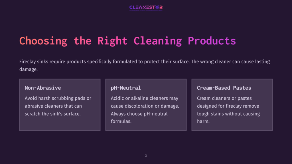 Choosing The Right Cleaning Products For Fireclay Sinks: Non-Abrasive, Ph-Neutral, And Cream-Based Pastes. The Image Displays Three Distinct Cleaning Product Categories With Descriptions.