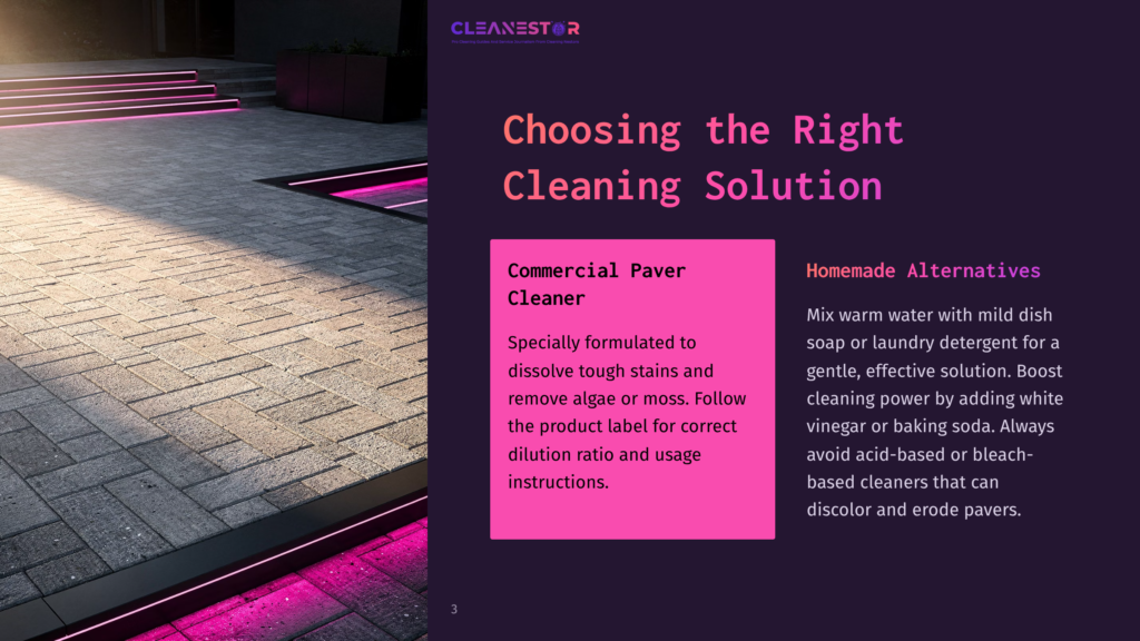 3 Choosing The Right Cleaning Solution 2 Modern Paved Patio With Vibrant Pink Neon Lighting, Featuring A Promotional Graphic For &Quot;Cleanestor Commercial Paver Cleaner&Quot; And &Quot;Homemade Alternatives&Quot; For Paver Cleaning.
