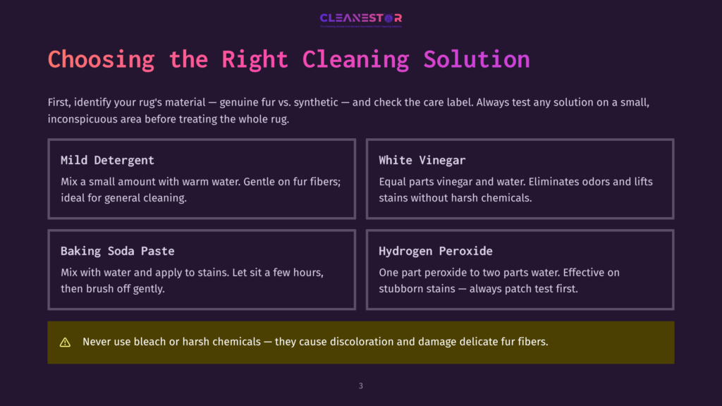 3 Choosing The Right Cleaning Solution 3 Choosing The Right Cleaning Solution: Mild Detergent, White Vinegar, Baking Soda Paste, And Hydrogen Peroxide Are Presented In A Dark Purple Graphic With Text Detailing Their Uses For Rug Cleaning.