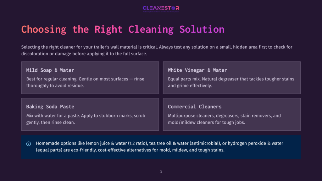 3 Choosing The Right Cleaning Solution 4 Cleanestor&Amp;Apos;S &Quot;Choosing The Right Cleaning Solution&Quot; Graphic Details Four Trailer Wall Cleaning Options: Mild Soap &Amp; Water, White Vinegar &Amp; Water, Baking Soda Paste, And Commercial Cleaners. It Also Highlights Homemade Options.