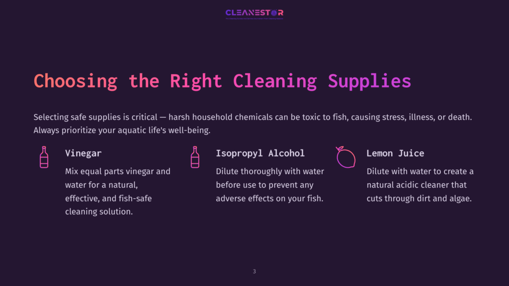 Choosing The Right Cleaning Supplies: Vinegar, Isopropyl Alcohol, And Lemon Juice Are Presented With Icons And Descriptions, Highlighting Safe And Effective Cleaning Solutions.