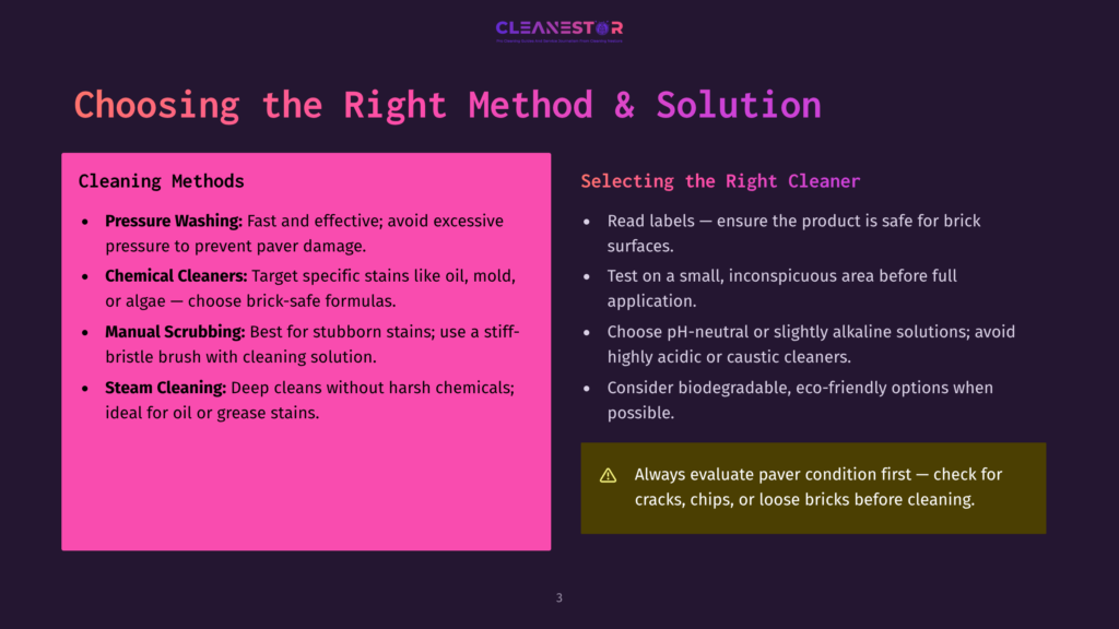 3 Choosing The Right Method And Solution A Dark Purple Slide Titled &Quot;Choosing The Right Method &Amp; Solution&Quot; With Two Columns: &Quot;Cleaning Methods&Quot; (Pressure Washing, Chemical Cleaners, Manual Scrubbing, Steam Cleaning) And &Quot;Selecting The Right Cleaner&Quot; (Read Labels, Test On Small Areas, Choose Ph-Neutral, Consider Biodegradable). Text &Quot;Cleanestor&Quot; Is At The Top.