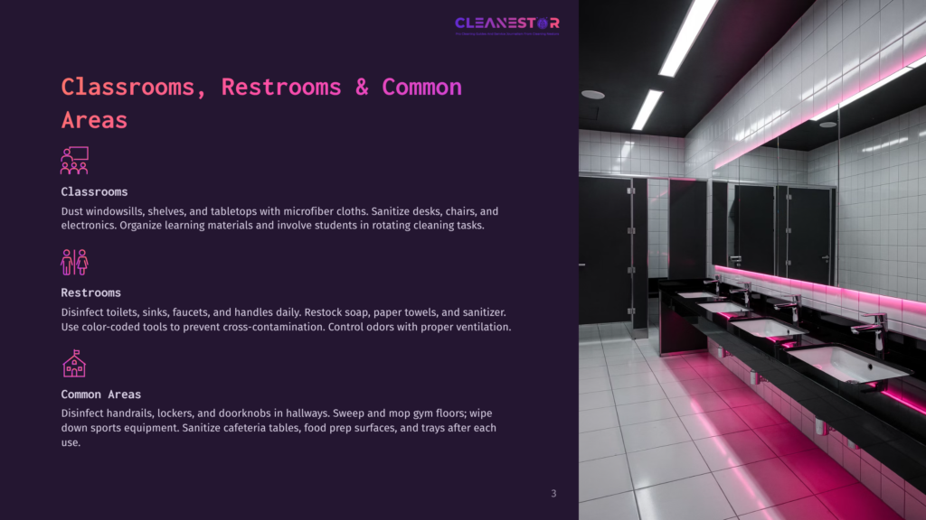 Modern, Clean School Bathroom Sinks With Pink Led Lighting, Featuring Large Mirrors, Chrome Faucets, And White Countertops. The Image Highlights The Pristine Condition Of The Restroom.