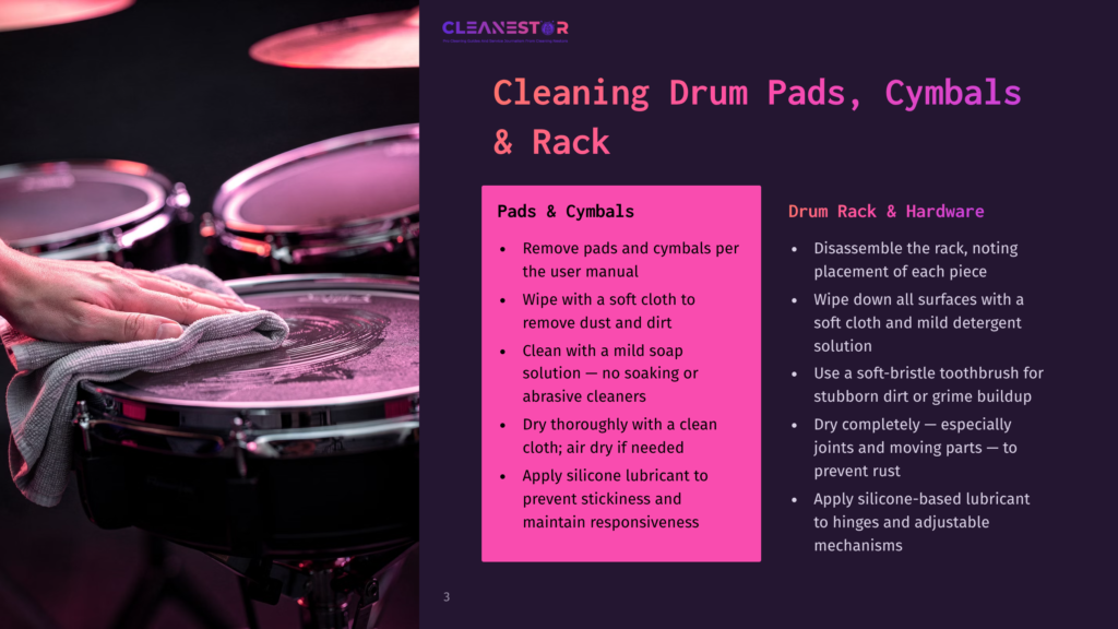 3 Cleaning Drum Pads Cymbals And Rack A Person'S Hand Holding A Cloth Is Cleaning A Drum Pad, While The Text On The Image Provides Cleaning Instructions For Drums, Cymbals, And The Rack.