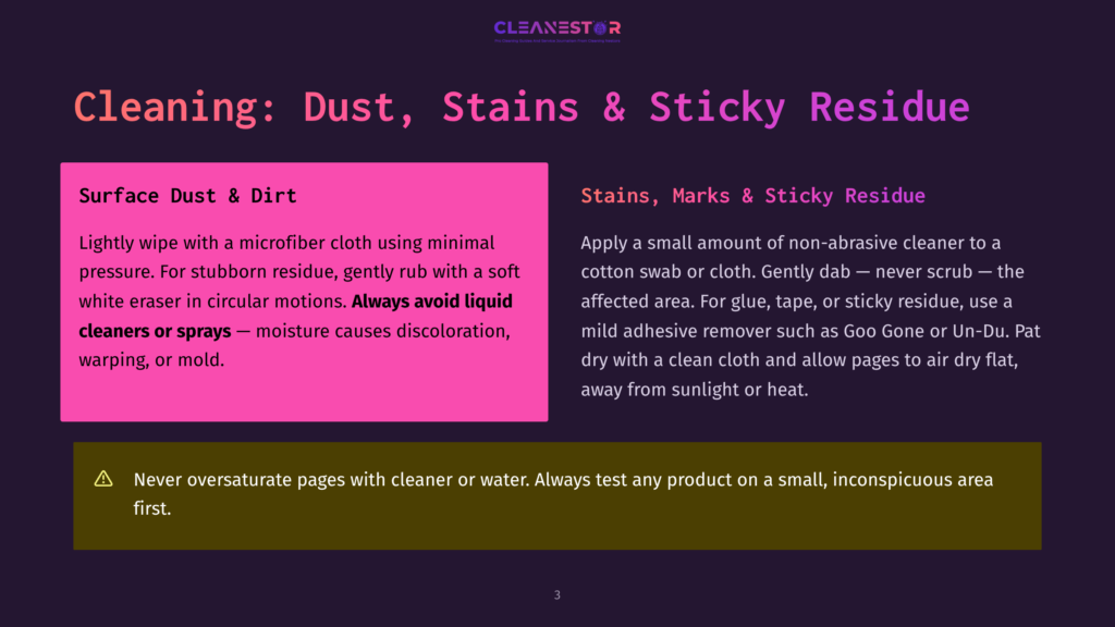 Two Sections On A Webpage Titled &Quot;Cleaning: Dust, Stains &Amp; Sticky Residue.&Quot; The First Section Has Pink Text Detailing How To Remove Surface Dust And Dirt With A Microfiber Cloth. The Second Section, With White Text, Provides Instructions For Removing Stains, Marks, And Sticky Residue Using Gentle Methods And Non-Abrasive Cleaners.