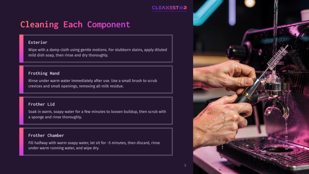 A Hand Holding A Brush Is Cleaning A Frothing Wand Of An Espresso Machine, Highlighted With A Neon Pink Light Against A Dark Background.