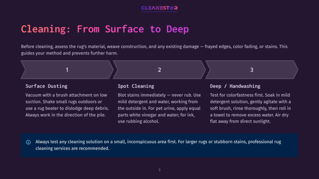Cleaning Steps For Rugs: 1. Surface Dusting With Vacuum And Brush. 2. Spot Cleaning With Mild Detergent And Water. 3. Deep Handwashing With Colorfastness Test First.