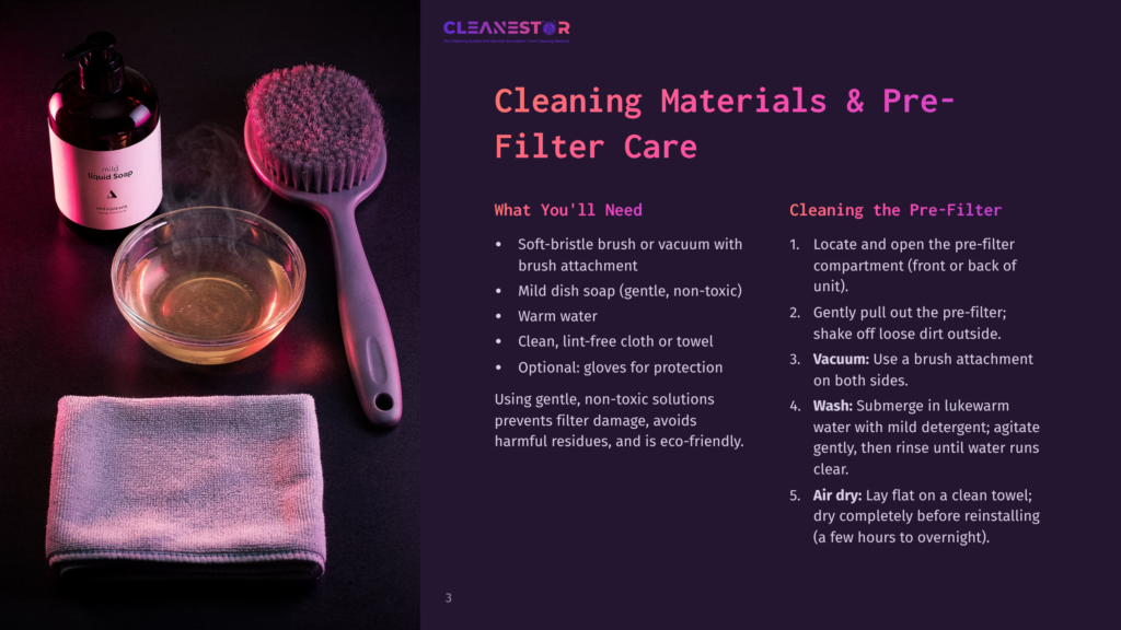 3 Cleaning Materials And Pre Filter Care Cleaning Supplies For Pre-Filter Care: A Bottle Of Mild Liquid Soap, A Soft-Bristle Brush, A Bowl Of Warm Water, And A Lint-Free Cloth Are Arranged On A Surface.