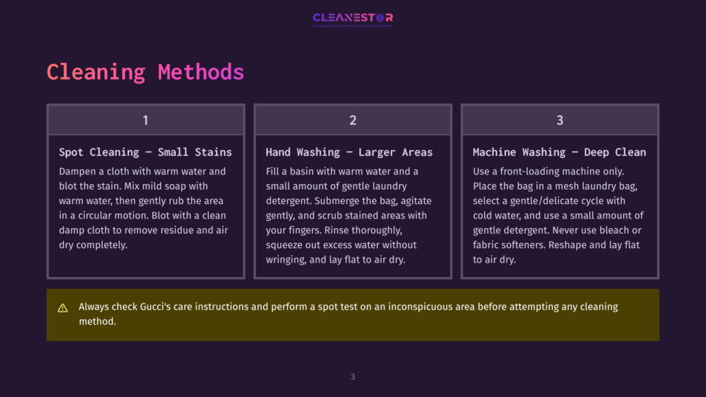 Cleaning Methods For Gucci Items: Spot Cleaning, Hand Washing In Larger Areas, And Machine Washing For Deep Cleaning. Includes Care Instructions And A Warning About Spot Testing.