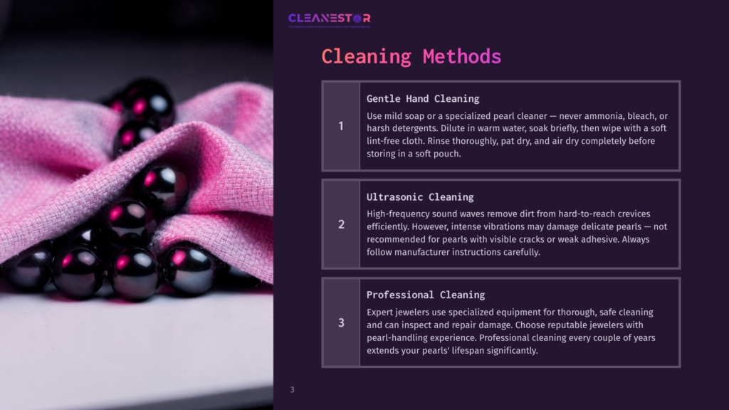 Close-Up Of Lustrous Black Pearls Nestled In A Textured Pink Fabric, With A Graphic Overlay Detailing &Quot;Cleanestor&Quot; And &Quot;Cleaning Methods&Quot; Including &Quot;Gentle Hand Cleaning,&Quot; &Quot;Ultrasonic Cleaning,&Quot; And &Quot;Professional Cleaning.