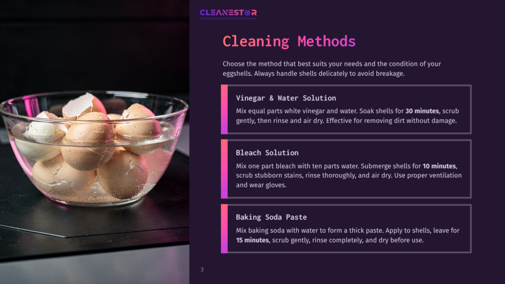 A Clear Glass Bowl Filled With Cracked Eggshells Next To Text About Cleaning Methods, With A Pink And Dark Purple Gradient Background.