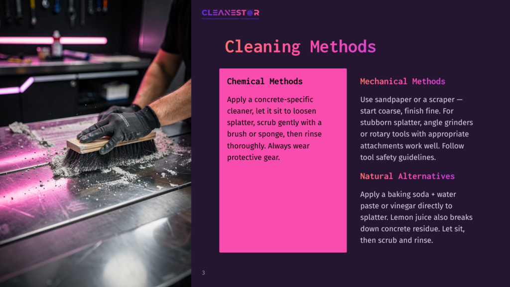 Close-Up Of Gloved Hands Scrubbing Concrete Residue With A Brush On A Metal Surface, With Text Overlay &Quot;Cleanestor Cleaning Methods: Chemical Methods, Mechanical Methods, Natural Alternatives&Quot;.