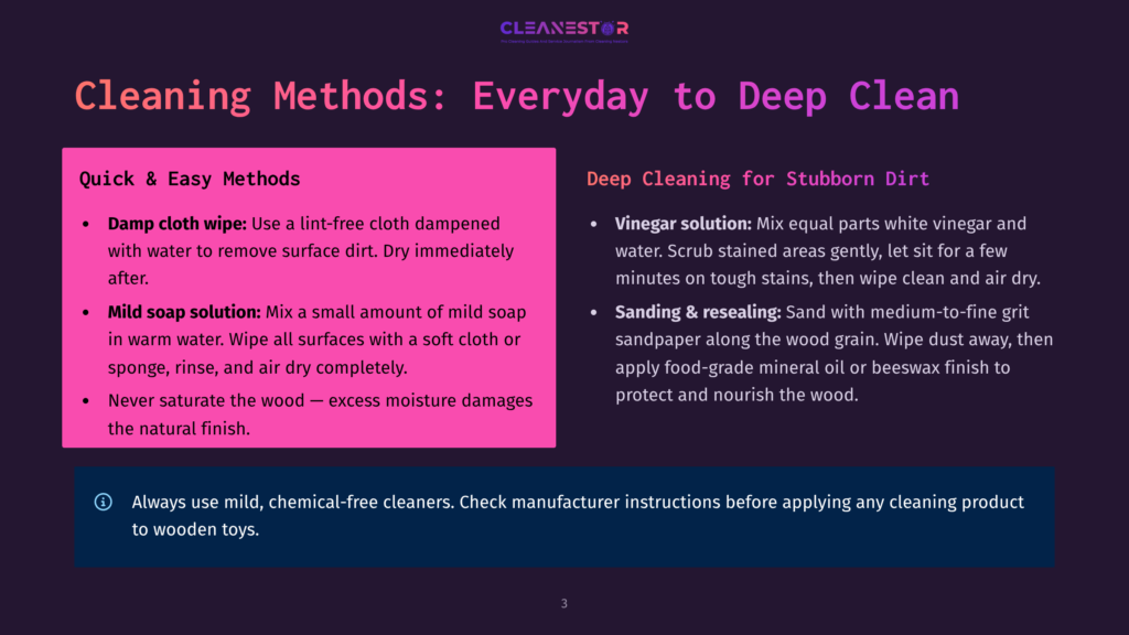 A Dark Purple Slide Titled &Quot;Cleaning Methods: Everyday To Deep Clean&Quot; With Two Sections: &Quot;Quick &Amp; Easy Methods&Quot; And &Quot;Deep Cleaning For Stubborn Dirt,&Quot; Listing Various Cleaning Techniques And Tips.