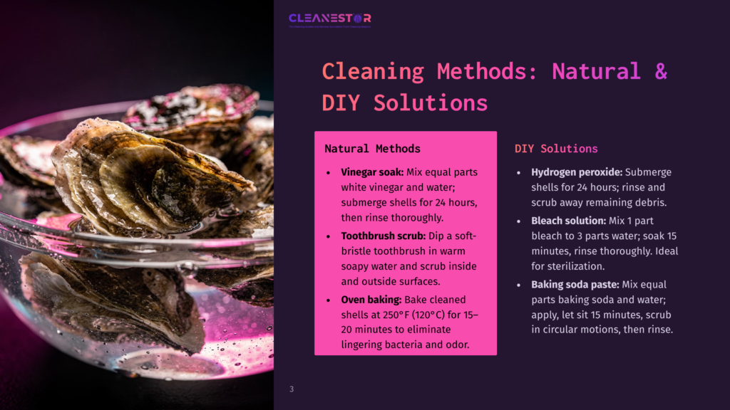 Oysters Submerged In A Clear Bowl Of Water, With Text Overlay Detailing Cleaning Methods For Shells, Including Vinegar Soak And Oven Baking.