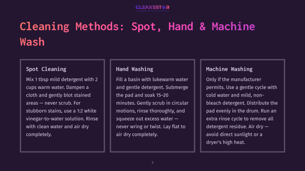 A Dark Purple Graphic Displays &Quot;Cleaning Methods: Spot, Hand &Amp; Machine Wash&Quot; In Large White Text. Three Columns Detail Spot Cleaning, Hand Washing, And Machine Washing Instructions.
