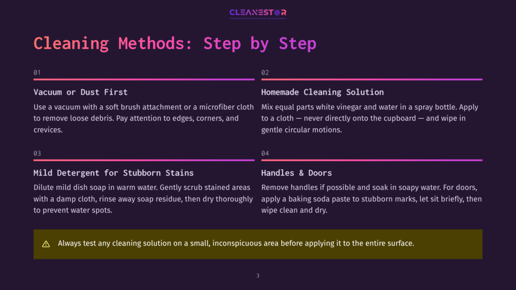 Infographic Titled &Quot;Cleaning Methods: Step By Step&Quot; Detailing Four Cleaning Tips: Vacuum Or Dust First, Homemade Cleaning Solution, Mild Detergent For Stubborn Stains, And Handles &Amp; Doors. Includes A Warning About Testing Cleaning Solutions.
