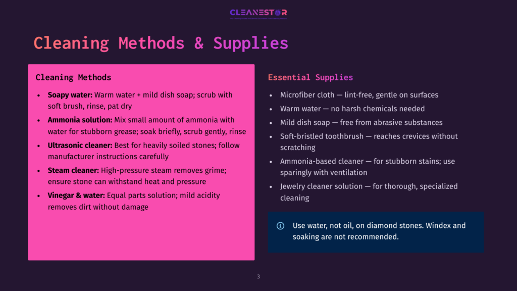 Presentation Slide Titled &Quot;Cleaning Methods &Amp; Supplies&Quot; From Cleanestor, Detailing Methods Like Soapy Water, Ammonia, Steam, And Vinegar, And Essential Supplies Such As Microfiber Cloths And Soft Toothbrushes.