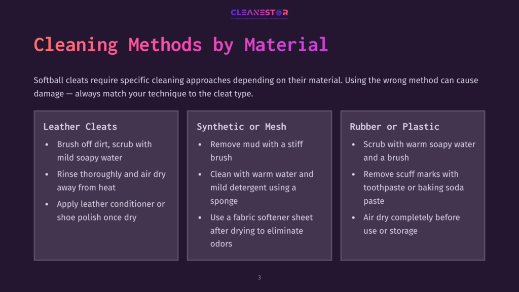 Diagram Detailing Softball Cleat Cleaning Methods By Material: Leather Cleats, Synthetic Or Mesh, And Rubber Or Plastic, With Specific Cleaning Instructions For Each.