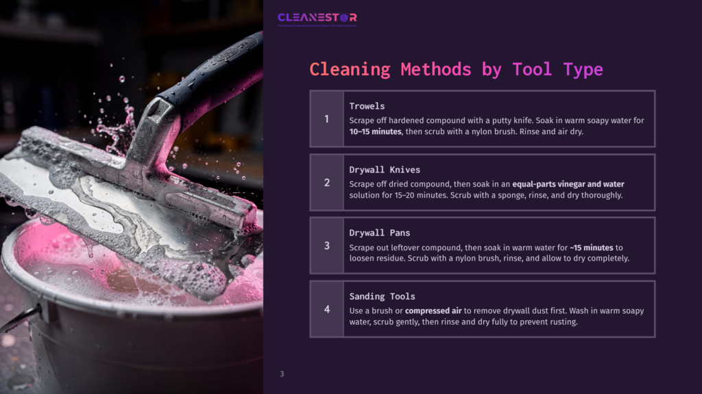 Close-Up Of A Squeegee With Pink Soap Suds Being Used To Clean A Surface, With A White Bucket In The Foreground. Text Overlay: &Quot;Cleanestor Cleaning Methods By Tool Type&Quot; And Details On Trowels, Drywall Knives, Drywall Pans, And Sanding Tools.