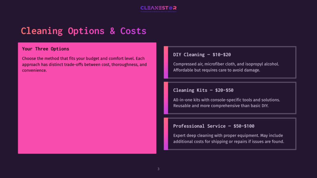 3 Cleaning Options And Costs Cleanestor Cleaning Options And Costs: Diy Cleaning ($10-$20) With Compressed Air, Microfiber Cloth, And Isopropyl Alcohol; Cleaning Kits ($20-$50) For Diy Solutions; And Professional Service ($50-$100) For Expert Deep Cleaning.