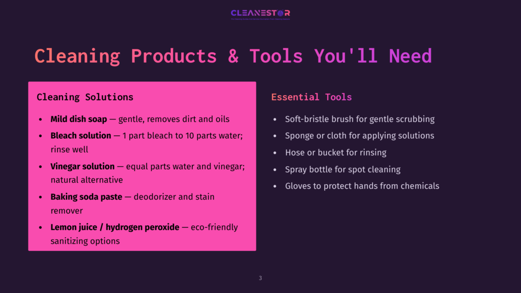A Slide Titled &Quot;Cleaning Products &Amp; Tools You'Ll Need&Quot; Lists Cleaning Solutions Like Mild Dish Soap, Bleach Solution, Vinegar Solution, Baking Soda Paste, And Lemon Juice, Alongside Essential Tools Such As A Soft-Bristle Brush, Sponge, Hose, Spray Bottle, And Gloves.