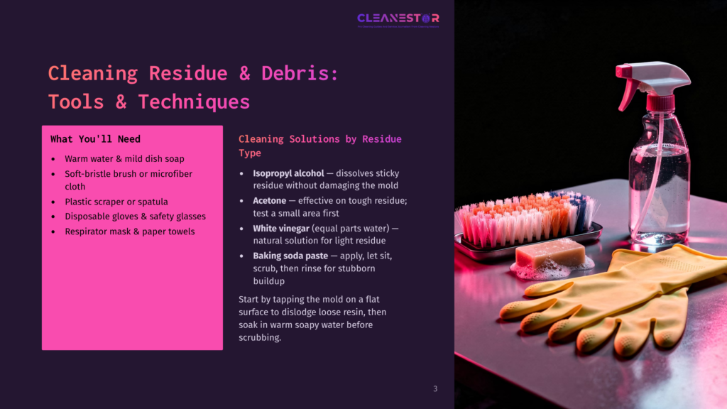 A Cleaning Residue And Debris Tools And Techniques Guide, Featuring A Spray Bottle, Yellow Gloves, And Brushes On A Metal Surface.