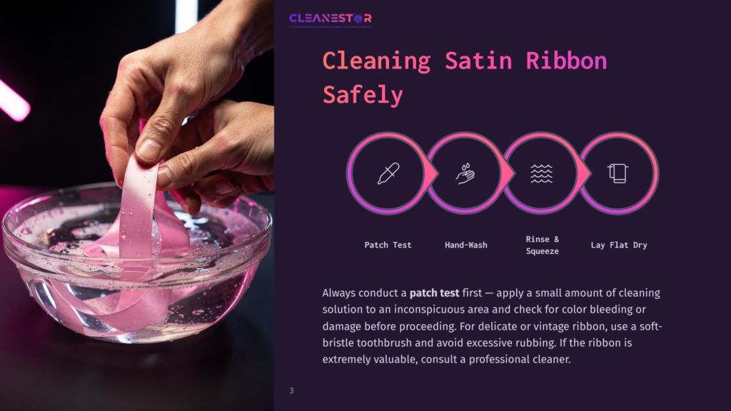 Close-Up Of Hands Gently Dipping A Pink Satin Ribbon Into A Bowl Of Clear Water For Cleaning, With Illustrated Steps For Cleaning Satin Ribbon Safely.