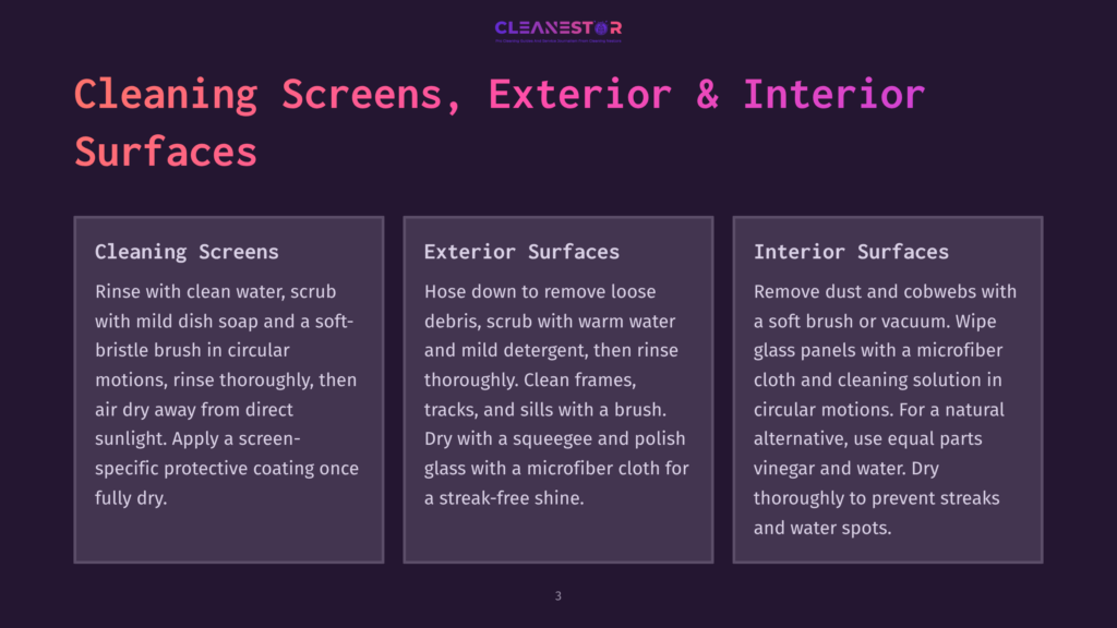 Three Columns Of Text About Cleaning Screens, Exterior Surfaces, And Interior Surfaces, With A Logo At The Top.